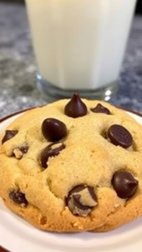 A delicious chocolate chip cookie on a plate with a glass of milk in the background.